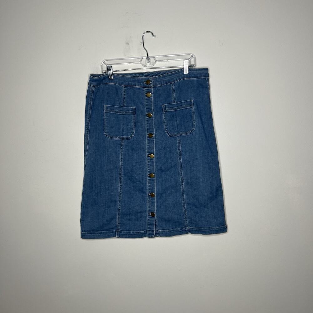 LOGO Lori Goldstein Denim Skirt Womens 16 Blue Button Front Pockets Stretch
